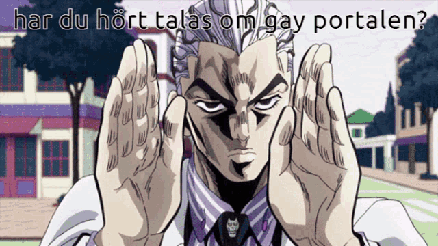 a cartoon of a man with the words har du hört talas om gay portalen on the bottom