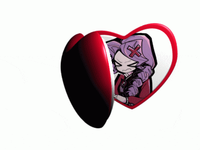 a red heart with a picture of a girl with a cross on her forehead
