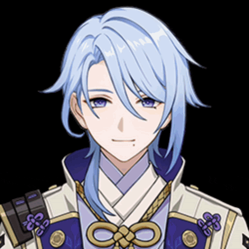 a boy with long blue hair and purple eyes is wearing a kimono