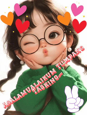a little girl wearing glasses is surrounded by hearts and says " assalamualaikum tasking " on the bottom