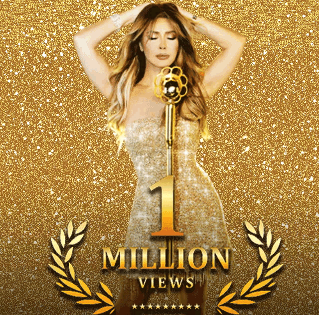 a woman in a gold dress is standing in front of a microphone with the number 1 million views