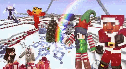 a group of minecraft characters are standing in front of a christmas tree .