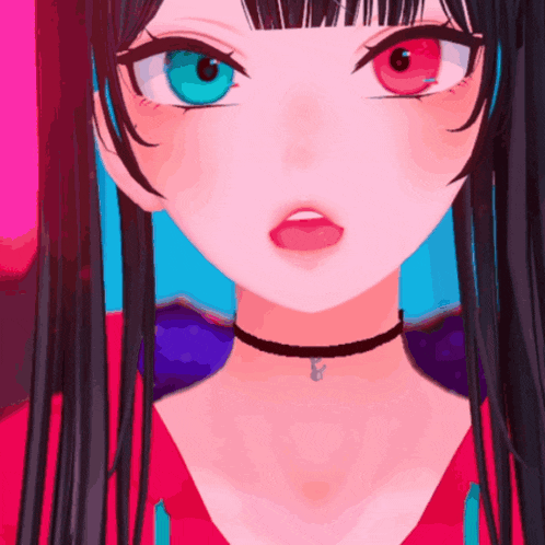 a girl with red and blue eyes and a choker