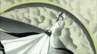 a cartoon character in a white dress is standing in front of a rainbow .