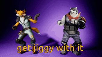 a fox and a husky dancing with the words get jiggy with it