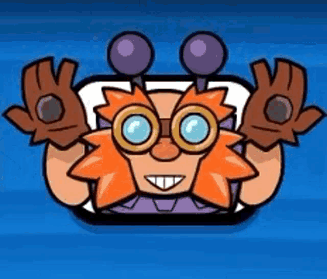a cartoon character with glasses and gloves is sitting on a blue surface .