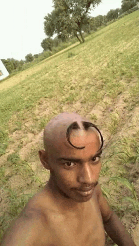 a man without a shirt is taking a selfie in a field with a very strange haircut .