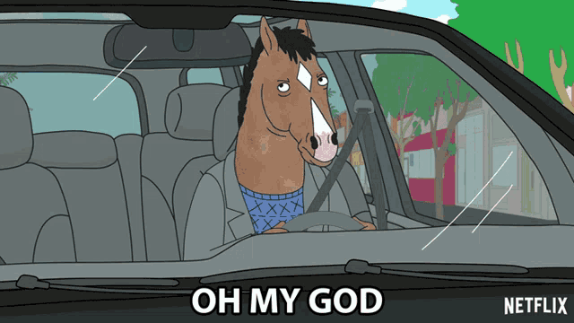 a cartoon of a horse driving a car with the words oh my god below him