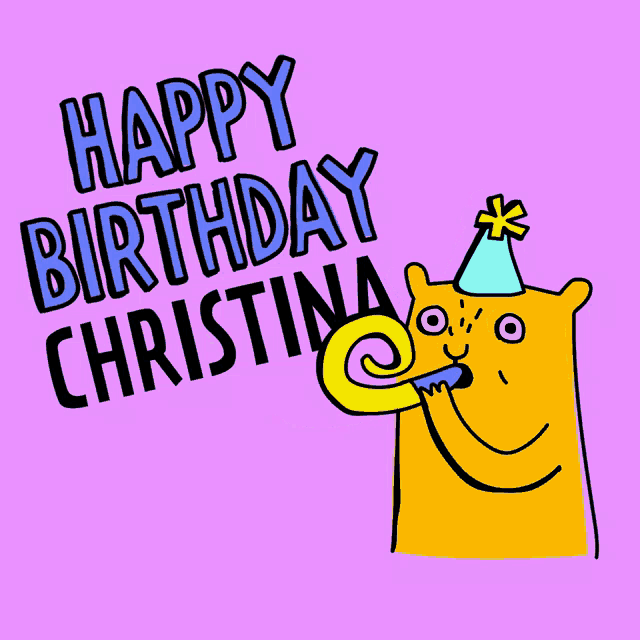 a happy birthday card for christina with a cartoon cat blowing a party horn