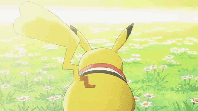a pikachu standing in a field of daisies looking at something