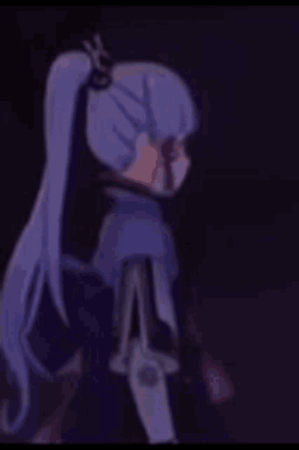 a girl with purple hair is holding a sword in her hand .
