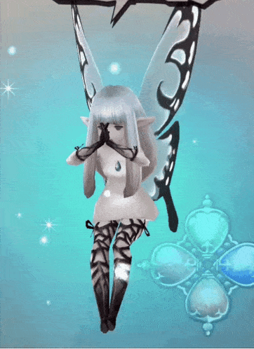 a fairy with white hair and black wings is covering her face
