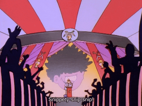 a cartoon says snippety-snip-snip in a crowd of people