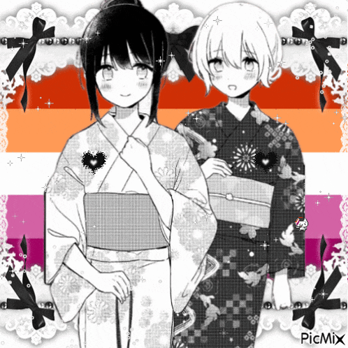 a black and white drawing of two girls wearing kimonos