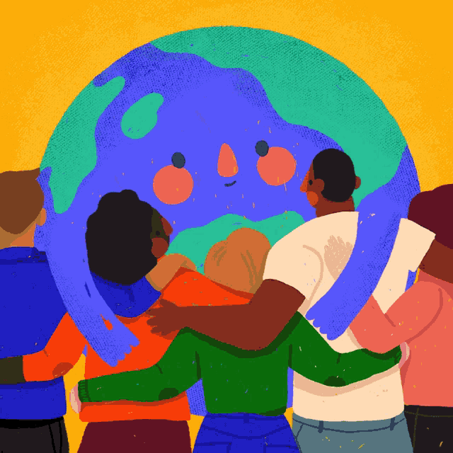 a group of people hugging each other in front of a globe with a face on it