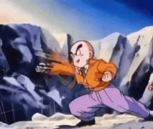 a cartoon character is running in front of a mountain in a scene from dragon ball z .