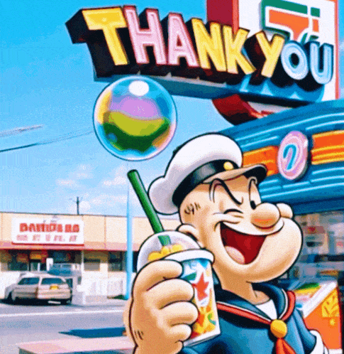 popeye is holding a drink in front of a 7 eleven store