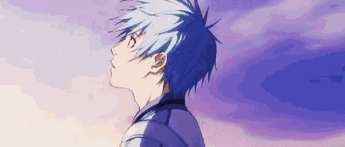 a boy with blue hair is looking up at the sky in a cartoon .