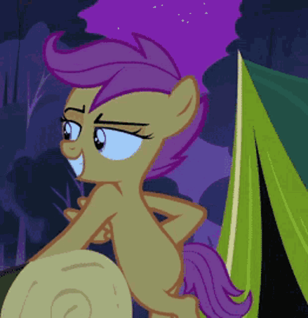 a cartoon pony with purple hair is standing next to a green tent