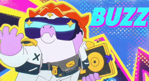 a cartoon penguin wearing sunglasses and holding a cd with the word buzz in the background .