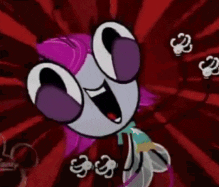 a cartoon character with purple hair and big eyes is smiling and flying through the air .
