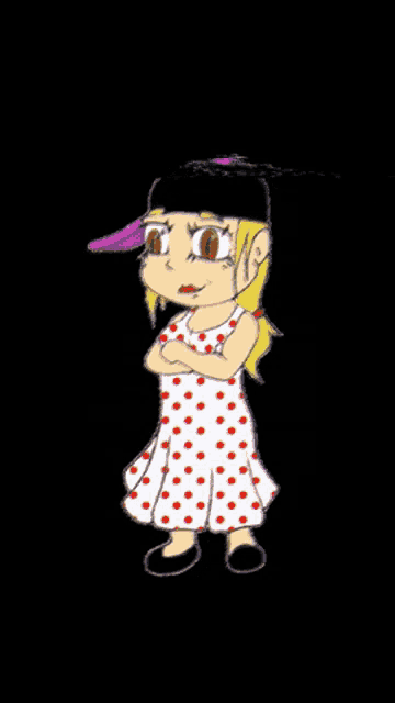 a cartoon girl wearing a polka dot dress and hat