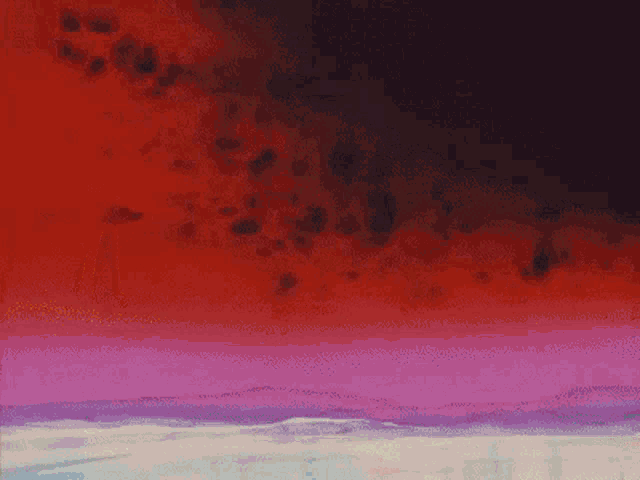 a painting of a pink and red sky with a few clouds