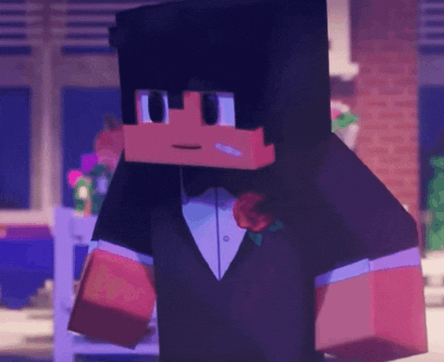a minecraft character wearing a tuxedo with a red rose on his lapel