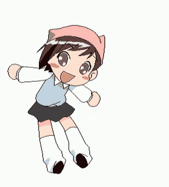 a pixel art of a girl with a pink hat on
