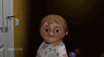 a 3d animated baby is standing in a dark room .