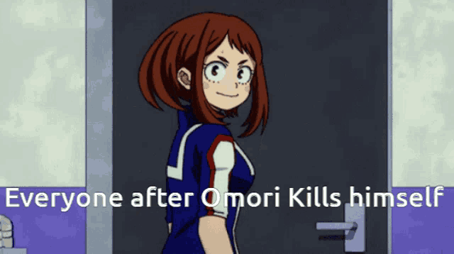 a cartoon of a girl standing in front of a door with the words everyone after omori kills himself