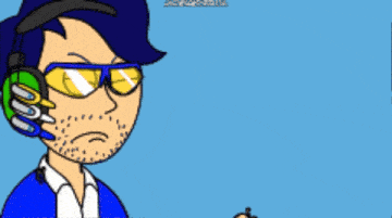 a cartoon of a man wearing headphones and sunglasses with his fist in the air