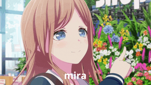 a girl in a school uniform giving a thumbs up with the word mira written below her