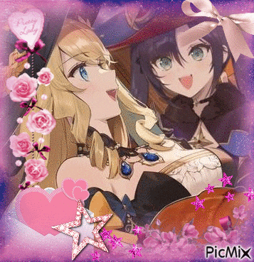 two anime girls are posing for a picture with a pink heart in the background that says fairy lady