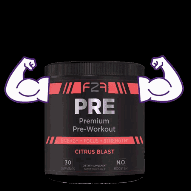 a jar of f2b pre-workout with a cartoon arm flexing