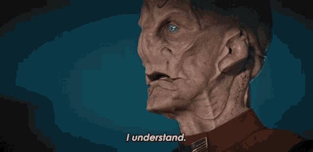 a close up of a man 's face with the words " i understand " below it