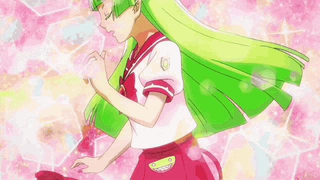 a girl with green hair and a green hat with a u on it
