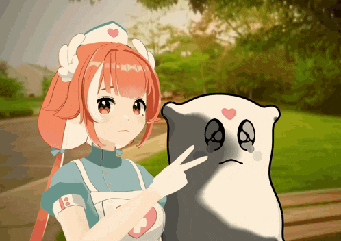 a girl in a nurse 's outfit is pointing at a ghost with a heart on its face