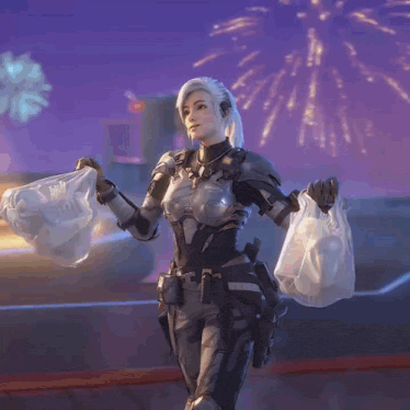 a woman in a futuristic suit is holding two bags of food