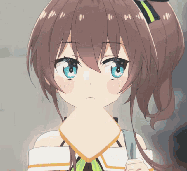 a girl with brown hair and blue eyes is holding a piece of toast to her face