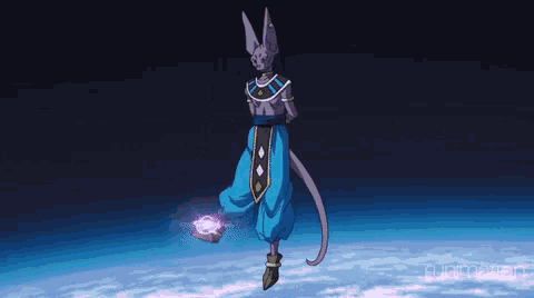 a cartoon character is flying through the air with a purple ball in his hand