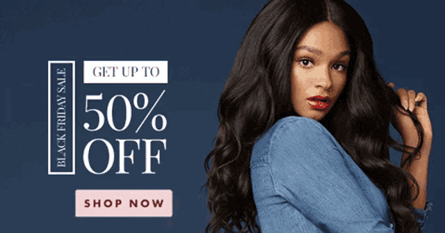 a woman is standing in front of a black friday sale banner