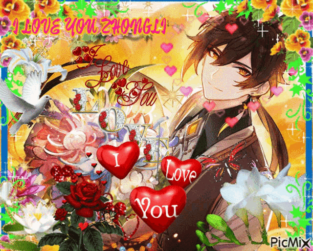 a picture of a man surrounded by flowers and hearts with the words i love you written on it