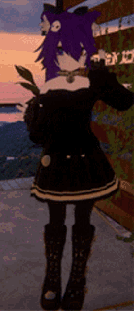 a girl with purple hair is standing in front of a sign that says " field "