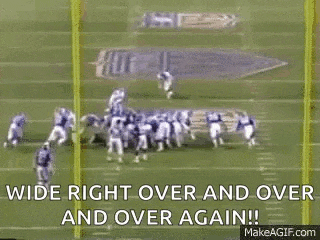 a football field with a sign that says `` wide right over and over and over again ! ''