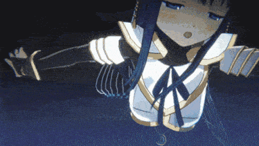 a girl with long black hair is floating in the air with her arms outstretched
