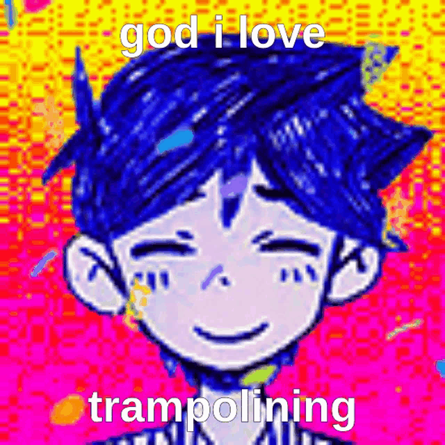 a cartoon of a boy with blue hair and the words `` god i love trampolining ''