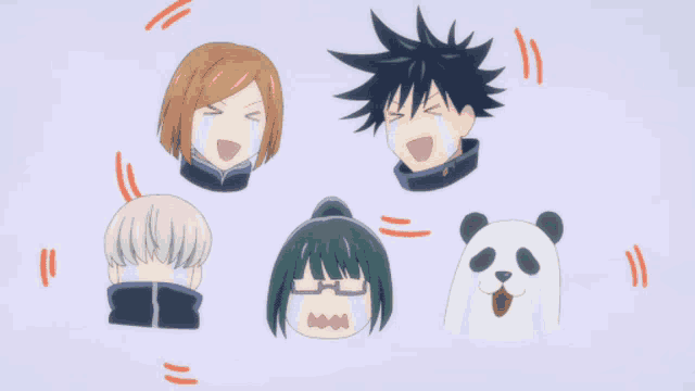 a group of anime characters are laughing and crying