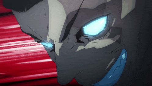 a close up of a person 's face with glowing blue eyes