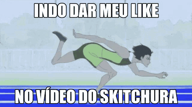 a cartoon of a person running with the words indo dar meu like no video do skitchura